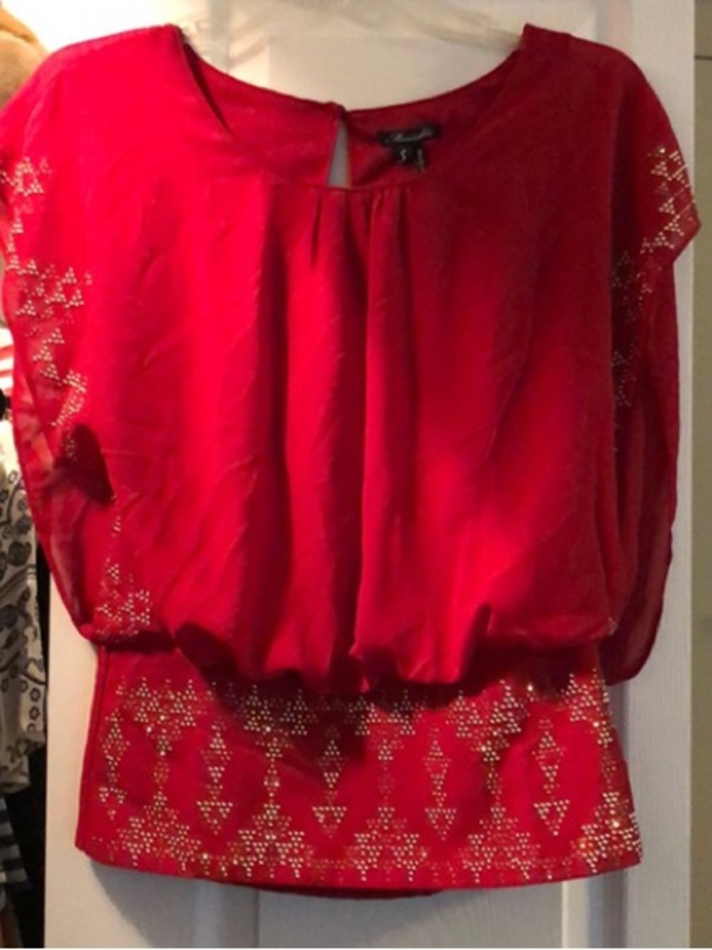 Stud-Embellished Red Blouson Tunic Top